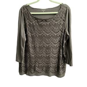 Garnet Hill Size XL Extra Large Dark Gray Lace Front Shirt Stretchy